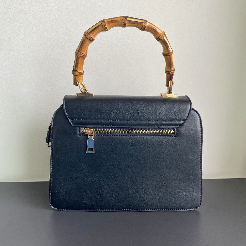 Wooden Handle Satchel Handbag Faux Leather Black - Picture 2 of 8